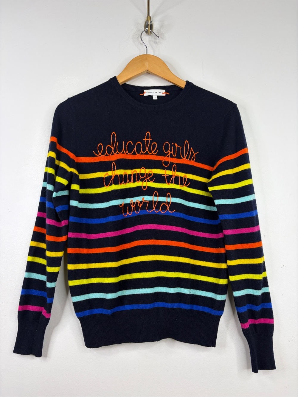Lingua Franca Sweater Womens Small Navy Blue Rainbow Stripe Cashmere Embroidered